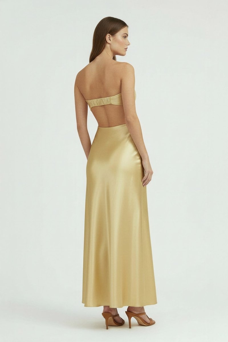 Ninelle | Champagne - Strapless Sheath Satin Open Back Prom Dresses With Cutout - KissProm