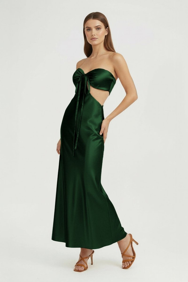 Ninelle | Dark Green - Strapless Sheath Satin Open Back Prom Dresses With Cutout - KissProm