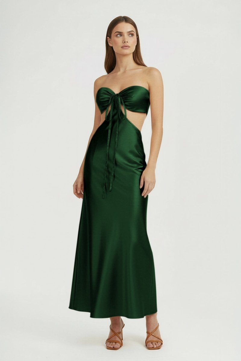 Ninelle | Dark Green - Strapless Sheath Satin Open Back Prom Dresses With Cutout - KissProm