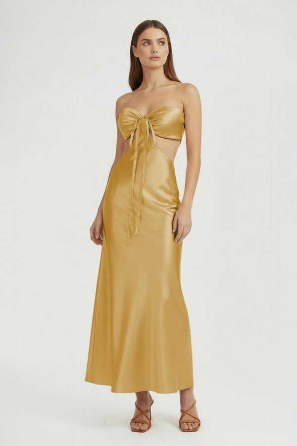 Ninelle | Gold - Strapless Sheath Satin Open Back Prom Dresses With Cutout - KissProm