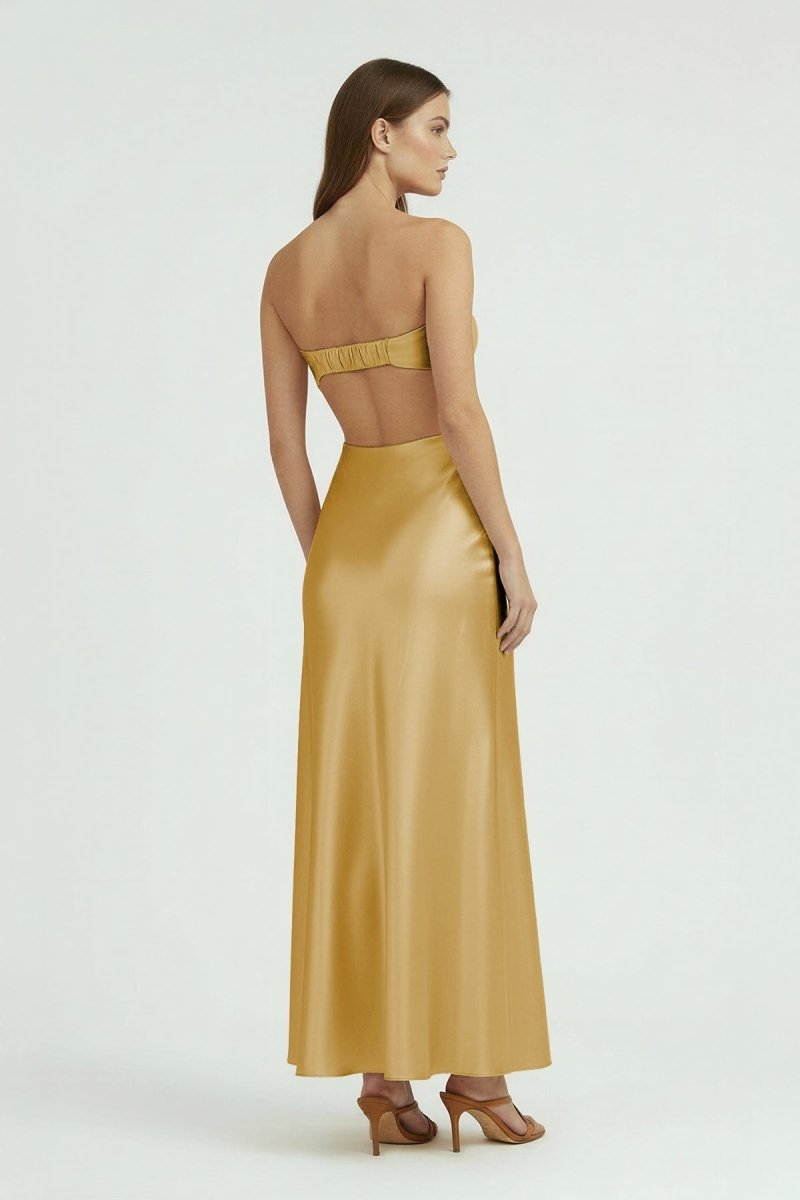 Ninelle | Gold - Strapless Sheath Satin Open Back Prom Dresses With Cutout - KissProm