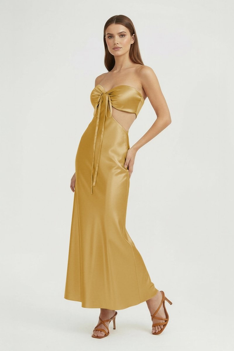 Ninelle | Gold - Strapless Sheath Satin Open Back Prom Dresses With Cutout - KissProm