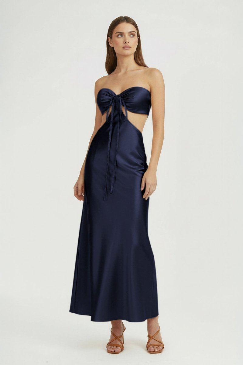 Ninelle | Navy Blue - Strapless Sheath Satin Open Back Prom Dresses With Cutout - KissProm