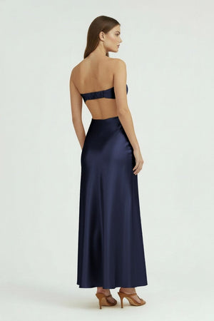 Ninelle | Navy Blue - Strapless Sheath Satin Open Back Prom Dresses With Cutout - KissProm
