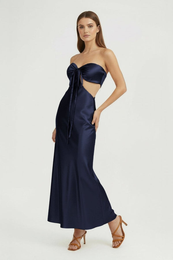 Ninelle | Navy Blue - Strapless Sheath Satin Open Back Prom Dresses With Cutout - KissProm