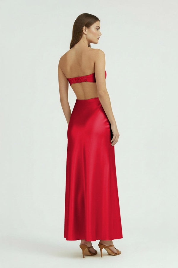 Ninelle | Red - Strapless Sheath Satin Open Back Prom Dresses With Cutout - KissProm