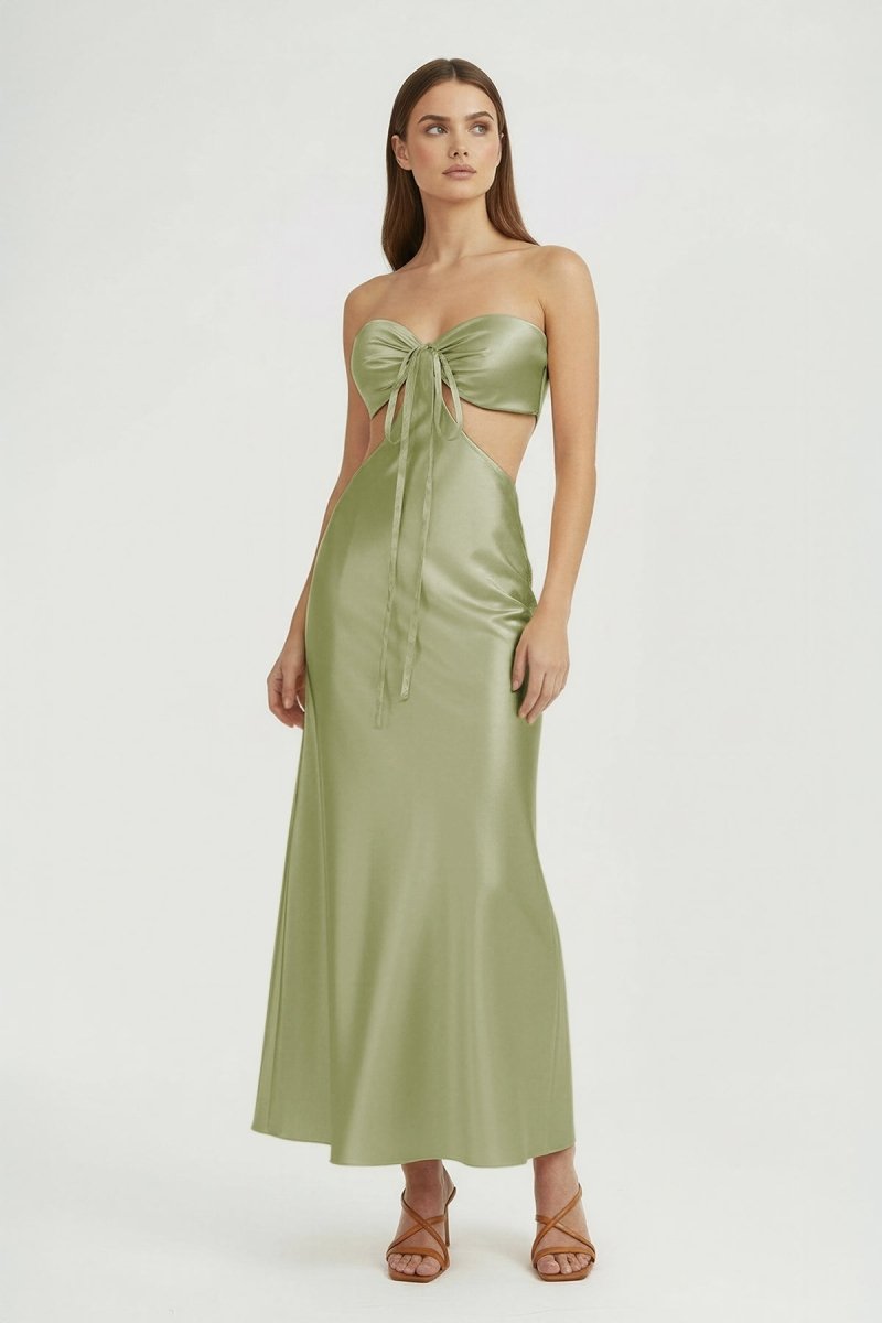 Ninelle | Sage - Strapless Sheath Satin Open Back Prom Dresses With Cutout - KissProm