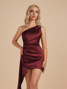 Niva | Burgundy - Sheath One Shoulder Satin Homecoming Dress With Drape