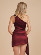Niva | Burgundy - Sheath One Shoulder Satin Homecoming Dress With Drape