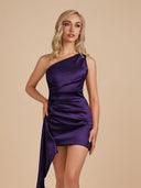 Niva | Purple - Sheath One Shoulder Satin Homecoming Dress With Drape - KissProm