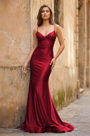 Blue Spaghetti Straps Mermaid Satin Backless Long Prom Dress - KissProm