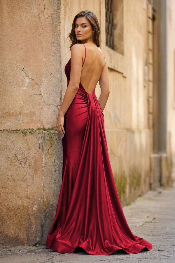 KissProm Blue Spaghetti Straps Mermaid Satin Backless Long Prom Dress, Red / 18