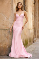 Blue Spaghetti Straps Mermaid Satin Backless Long Prom Dress - KissProm