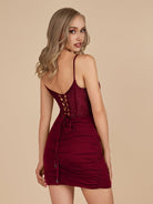 Noen | Burgundy - Bodycon Ruched Beaded Corset Short Homecoming Dresses - KissProm