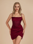 Noen | Burgundy - Bodycon Ruched Beaded Corset Short Homecoming Dresses - KissProm