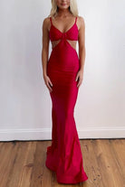 Noire | Burgundy - Spaghetti Straps Satin Mermaid Long Prom Dresses With Cutout - KissProm