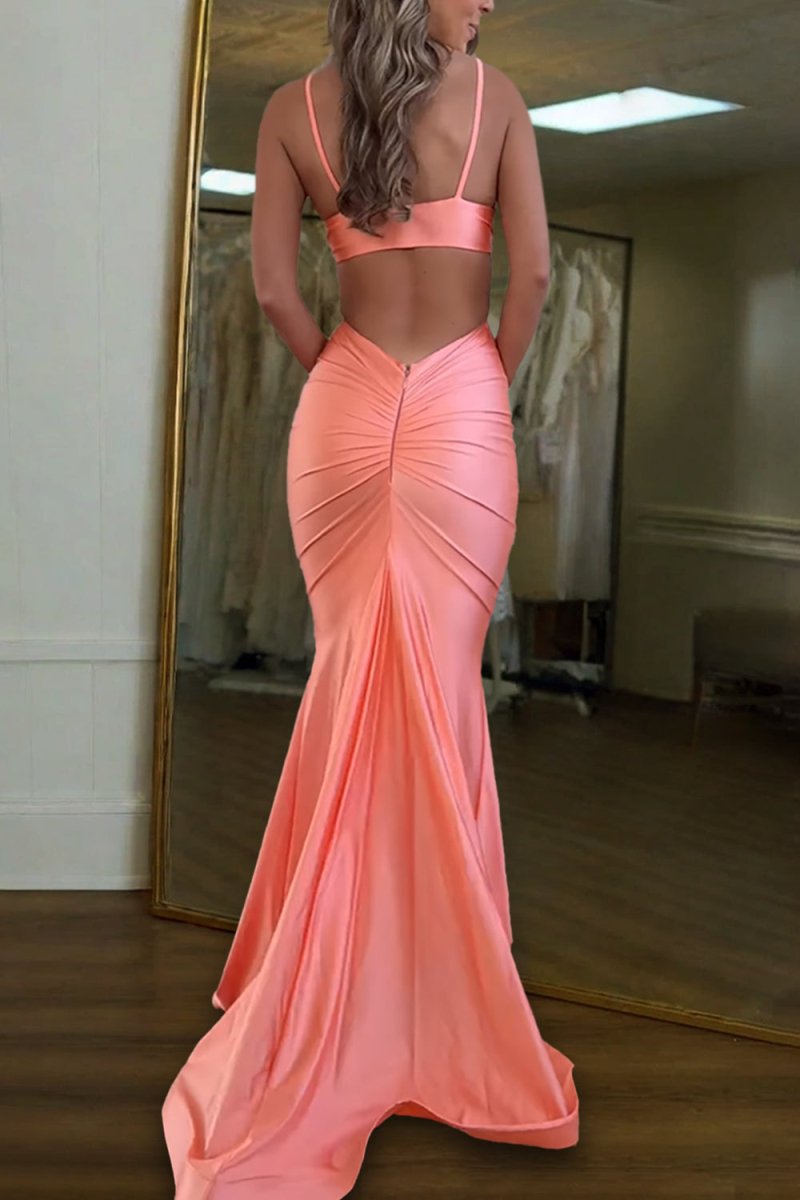 Noire | Burgundy - Spaghetti Straps Satin Mermaid Long Prom Dresses With Cutout - KissProm