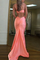 Noire | Burgundy - Spaghetti Straps Satin Mermaid Long Prom Dresses With Cutout - KissProm