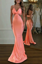 Noire | Burgundy - Spaghetti Straps Satin Mermaid Long Prom Dresses With Cutout - KissProm