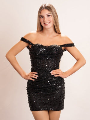 Nola | Beaded Short Off Shoulder Black Corset Short Homecoming Dress - KissProm