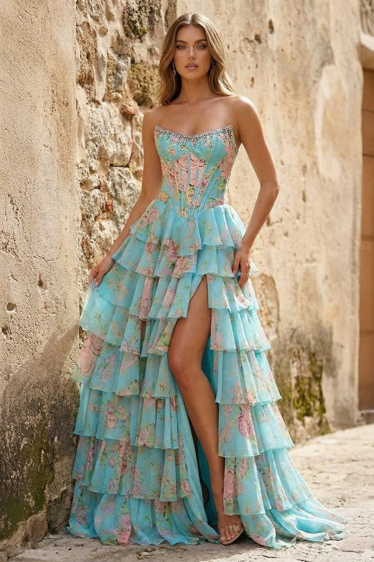 KissProm Yellow Strapless A Line Floral Chiffon Ruffled Prom Dresses With Beading, Aqua / 00