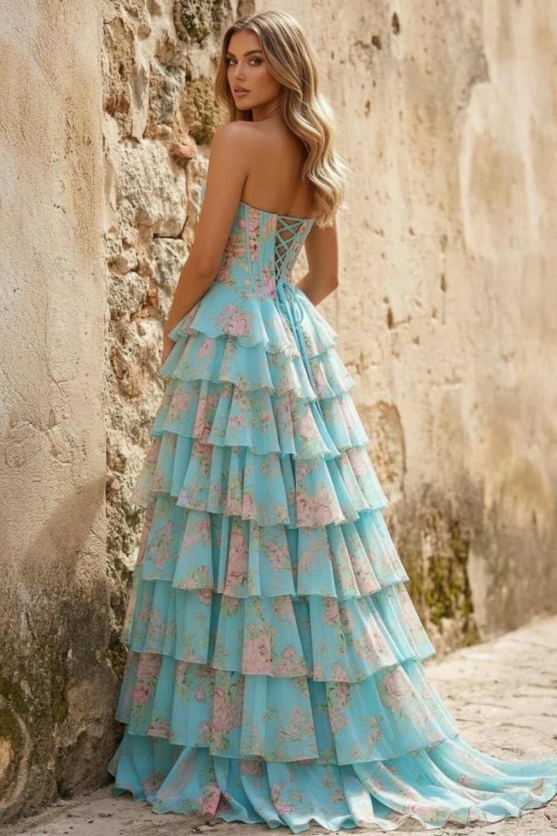 KissProm Yellow Strapless A Line Floral Chiffon Ruffled Prom Dresses With Beading, Aqua / 00