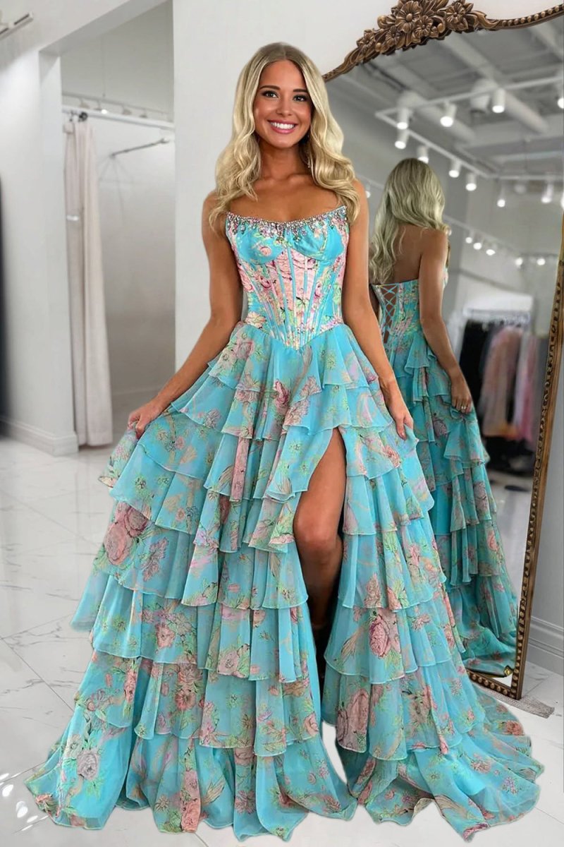 Noley | Aqua - Scoop Neck A Line Floral Chiffon Ruffled Prom Dresses With Beading - KissProm