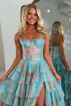 Noley | Aqua - Scoop Neck A Line Floral Chiffon Ruffled Prom Dresses With Beading - KissProm