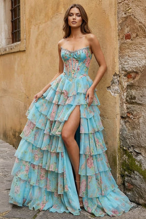 Aqua - Strapless Neck A Line Floral Chiffon Ruffled Prom Dresses With Beading – Prom Dress by KissProm | Available at KissProm