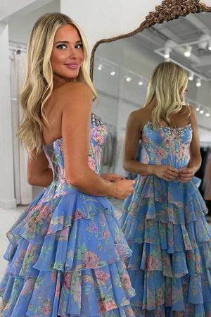 Noley | Blue - Scoop Neck A Line Floral Chiffon Ruffled Prom Dresses With Beading - KissProm