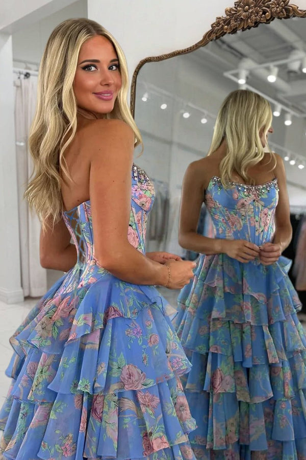 Noley | Blue - Scoop Neck A Line Floral Chiffon Ruffled Prom Dresses With Beading - KissProm