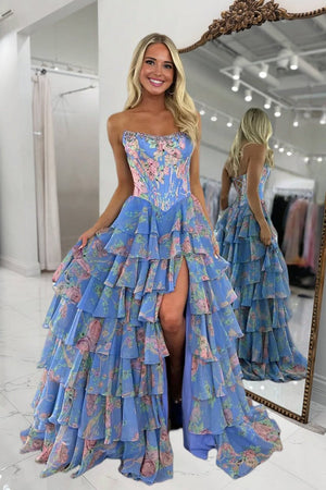 Noley | Blue - Scoop Neck A Line Floral Chiffon Ruffled Prom Dresses With Beading - KissProm