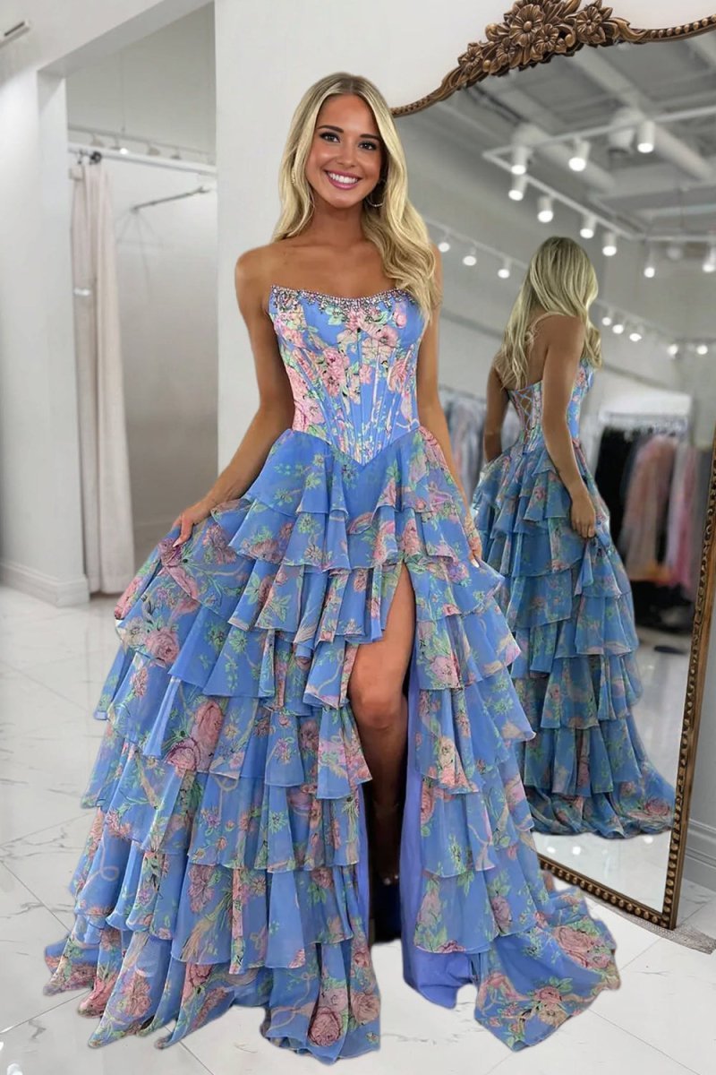 KissProm Yellow Strapless A Line Floral Chiffon Ruffled Prom Dresses With Beading, Periwinkle / 8