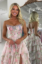 Noley | Pink - Scoop Neck A Line Floral Chiffon Ruffled Prom Dresses With Beading - KissProm
