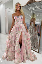 Noley | Pink - Scoop Neck A Line Floral Chiffon Ruffled Prom Dresses With Beading - KissProm