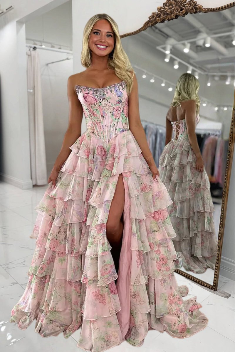 Noley | Pink - Scoop Neck A Line Floral Chiffon Ruffled Prom Dresses With Beading - KissProm