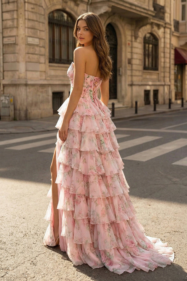 KissProm- Pink Scoop Neck A Line Floral Chiffon Ruffled Prom Dresses With Beading