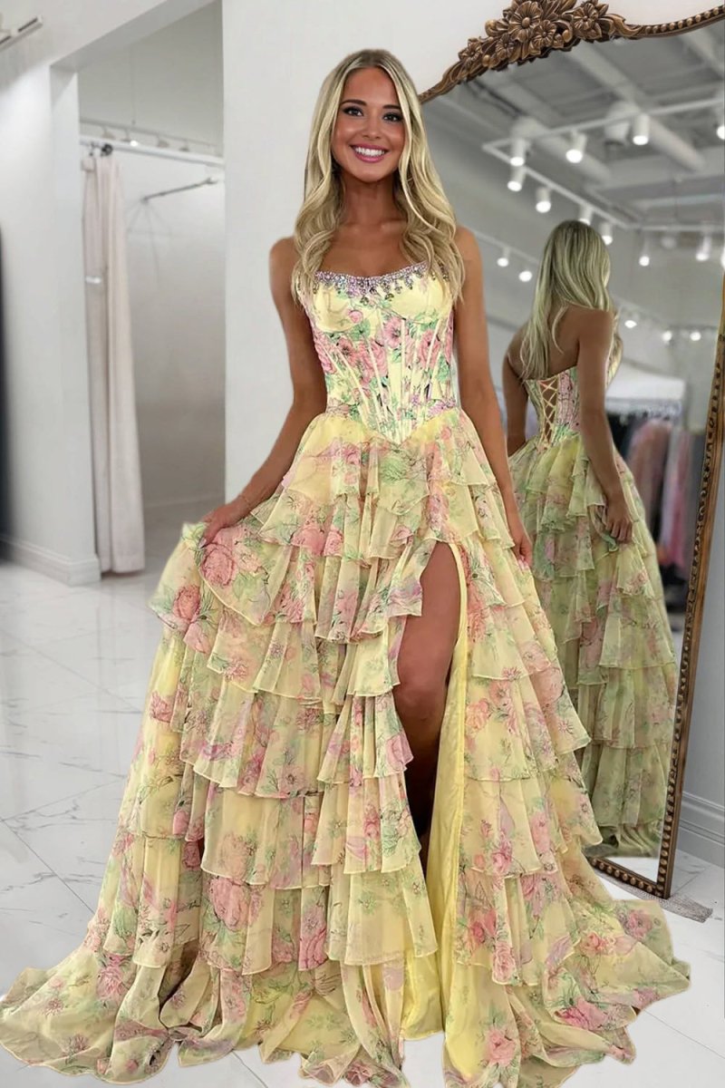 Noley | Yellow - Scoop Neck A Line Floral Chiffon Ruffled Prom Dresses With Beading - KissProm