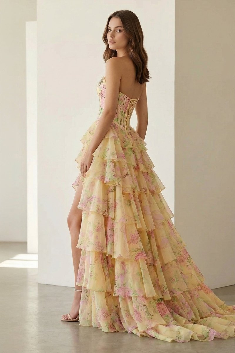 Noley | Yellow - Scoop Neck A Line Floral Chiffon Ruffled Prom Dresses With Beading - KissProm