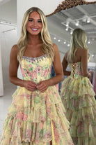 Noley | Yellow - Scoop Neck A Line Floral Chiffon Ruffled Prom Dresses With Beading - KissProm