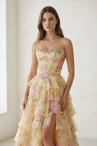 Noley | Yellow - Scoop Neck A Line Floral Chiffon Ruffled Prom Dresses With Beading - KissProm