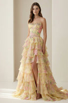 Noley | Yellow - Scoop Neck A Line Floral Chiffon Ruffled Prom Dresses With Beading - KissProm