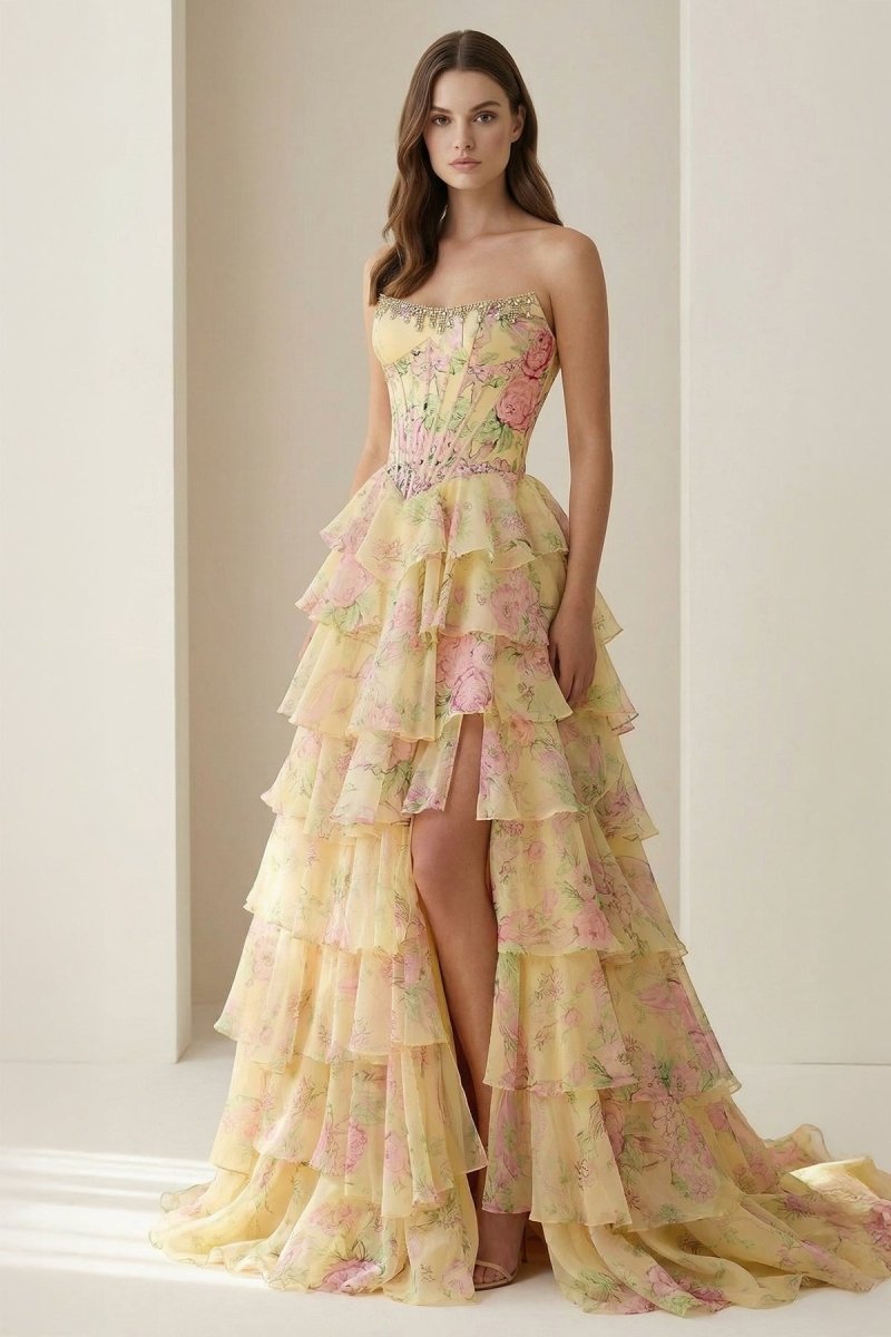 Noley | Yellow - Scoop Neck A Line Floral Chiffon Ruffled Prom Dresses With Beading - KissProm