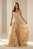 Noley | Yellow - Scoop Neck A Line Floral Chiffon Ruffled Prom Dresses With Beading - KissProm