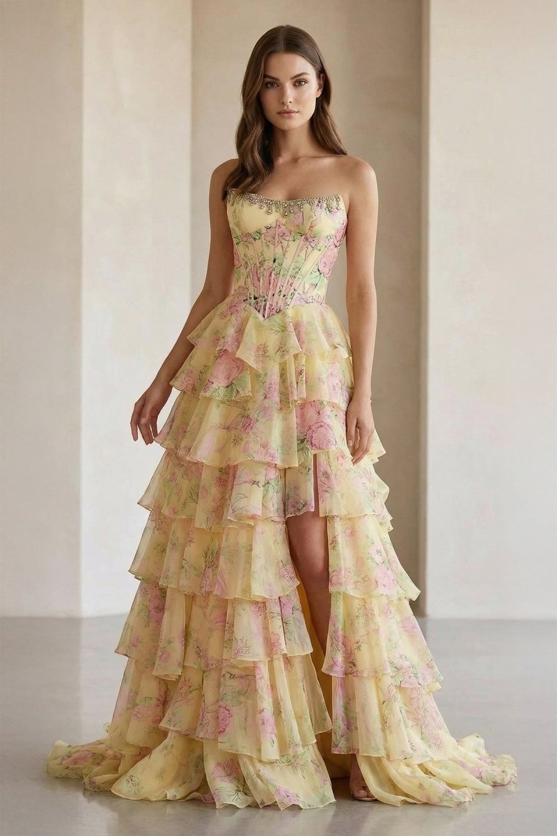 KissProm Yellow Strapless A Line Floral Chiffon Ruffled Prom Dresses With Beading, Yellow / 00