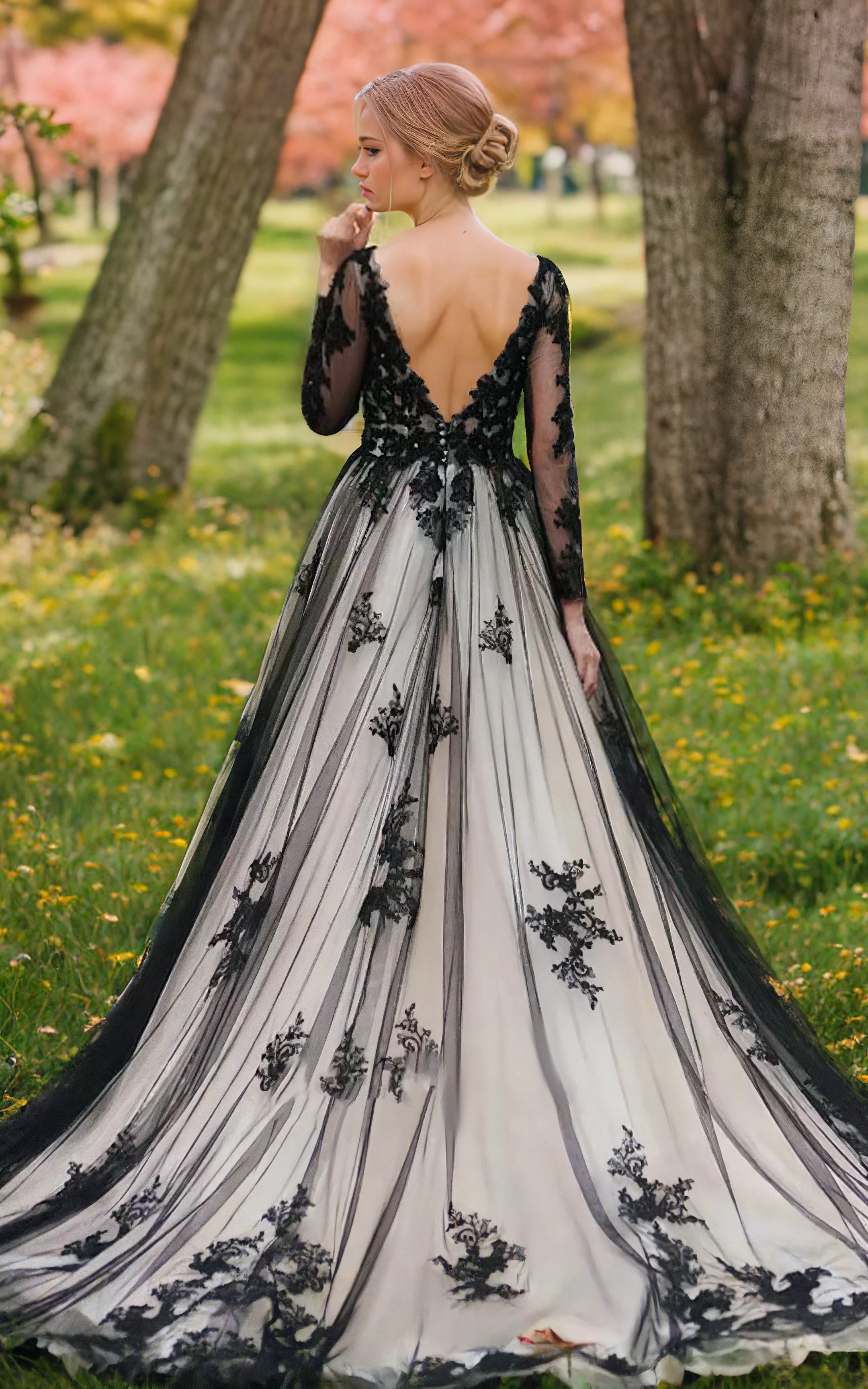 Non-Traditional Gothic Black and White Boho Lace Wedding Dress Flowy Forest  Sleeved Backless Bridal Gown with Court Train