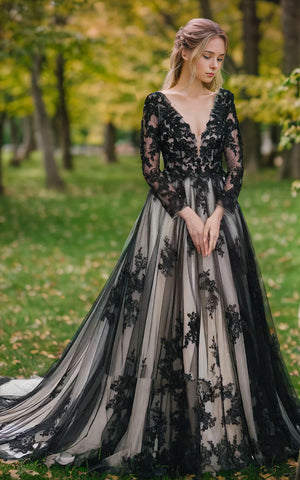 Non-Traditional Gothic Black and White Boho Lace Wedding Dress Flowy Forest Sleeved Backless Bridal Gown with Court Train, Black-Nude / 22