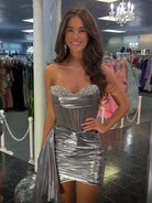 Norabel | Silver - Metallic Short Strapless Fitted Ruched Homecoming Dress With Side Sash