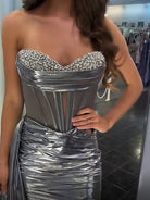 Norabel | Silver - Metallic Short Strapless Fitted Ruched Homecoming Dress With Side Sash
