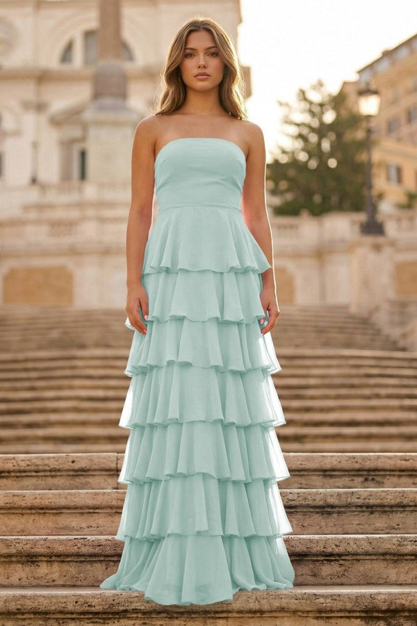 Purple Strapless A Line Chiffon Long Prom Dress With Ruffles